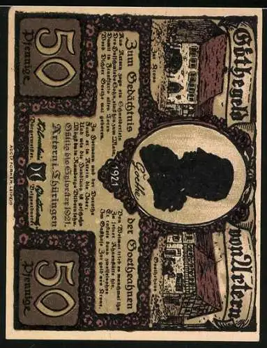 Notgeld Artern i. Thüringen 1921, 50 Pfennig, Ehepaar vor dem Haus, Gasthaus Zur Krone, Goethehaus