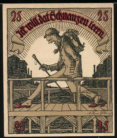 Notgeld Preetz 1921, 25 Pfennig, Wanderer auf Brücke, Wappen