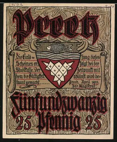 Notgeld Preetz 1921, 25 Pfennig, Wanderer auf Brücke, Wappen