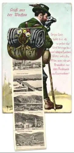 Leporello-Künstler-AK Arthur Thiele: Dürnstein in der Wachau, Wanderer mit Fernglas, Dampfer vor dem Ort, Ruine Aggstein