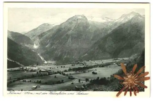 Trockenblumen-AK Krimml, Ortsansicht mit Wasserfällen und Seekaar, echte Trockenblume