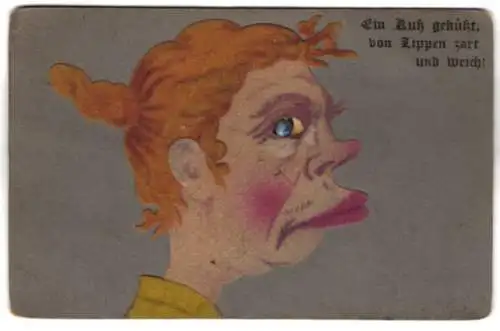 Glasaugen-Filz-AK Frau aus Filz mit roten dicken Lippen und Glasauge