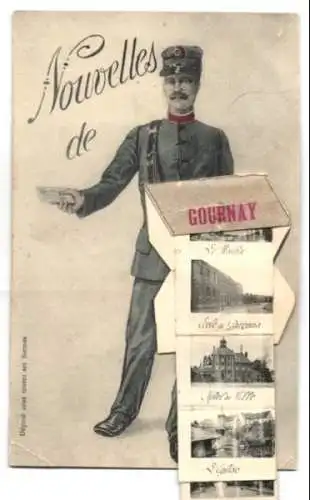 Leporello-AK Gournay-Ferrières, Briefträger, Le Moulin, Hotel de Ville, La Gare, Porte de Paris, Maison Belliére