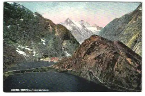 Relief-AK Grimsel-Hospiz, Ortsansicht mit Finsteraarhorn