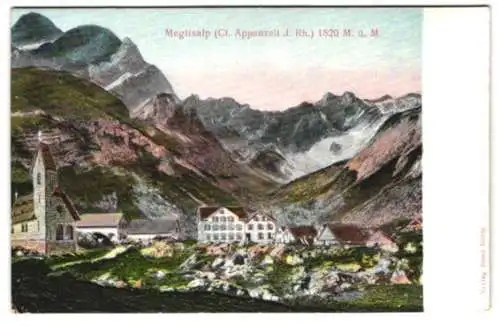 Relief-AK Meglisalp, Ortsansicht mit Kirche