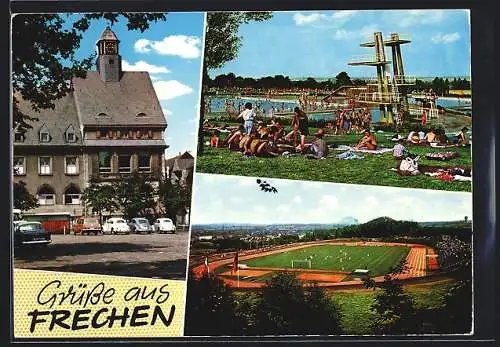 AK Frechen, Ortsansicht mit Schwimmbad und Stadion