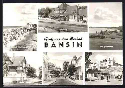 AK Bansin, Bahnhof, Strand mit Musikpavillon, FDGB-Heim Seehof, am Gothensee