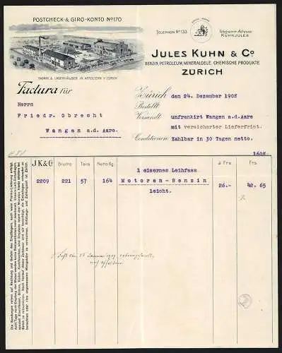Rechnung Zürich 1908, Jules Kuhn & Co., Benzin, Petroleum, Mineraloele, Betriebsanlage mit Lagerplatz und Gleisanlage
