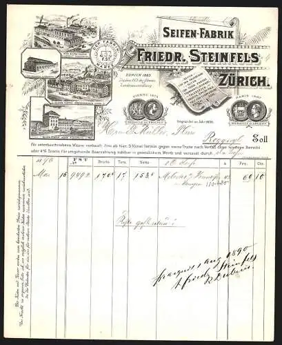 Rechnung Zürich 1890, Friedr. Steinfels, Seifen-Fabrik, Ansicht von vier Niederlassungen, Preis-Medaillen, Fabrikmarke