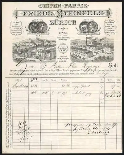 Rechnung Zürich 1887, Friedr. Steinfels, Seifen-Fabrik, Ansicht zweier Betriebsstellen, Preis-Medaillen