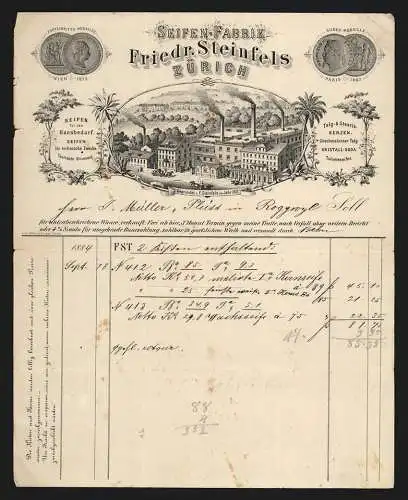 Rechnung Zürich 1884, Friedr. Steinfels, Seife-Fabrik, Pferdekutschen an der Betriebsstelle, Preis-Medaillen