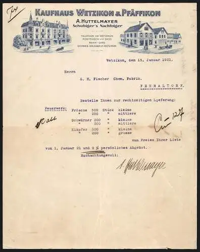 Rechnung Wetzikon 1921, A. Huttelmayer, Kaufhaus Wetzikon & Pfäffikon, Ansicht der beiden Geschäftshäuser