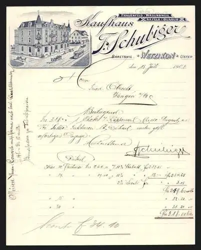 Rechnung Wetzikon 1908, Kaufhaus F. Schulbiger, Strassenbahn an der Geschäftsstelle