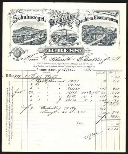 Rechnung Rüti-Pilgersteg 1891, H. Hess, Draht- & Eisenwaaren, Ansicht dreier Betriebsanlagen