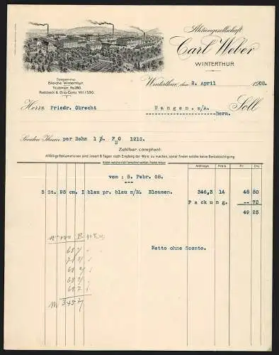 Rechnung Winterthur 1908, Firma Carl Weber AG, Gesamtansicht der Fabrikanlage gegen Hügel