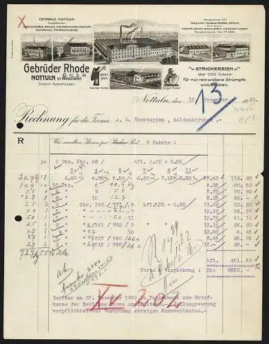 Rechnung Nottuln 1922, Gebrüder Rhode, Strickereien, Ansicht von sechs Niederlassungen, Schutzmarke Nana Haar-Socken