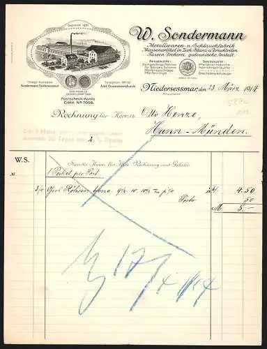 Rechnung Niedersessmar 1914, W. Sondermann, Metallwaren- & Schlauchfabrik, Betriebsgelände und Preis-Medaille