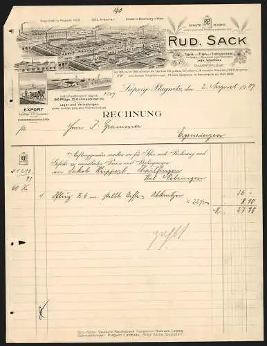 Rechnung Leipzig-Plagwitz 1909, Rud. Sack, Fabrik mit Eisen- und Stahlgiesserei, Ansicht von fünf Betriebsstellen