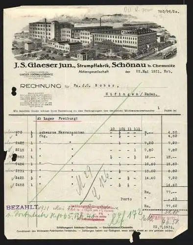 Rechnung Schönau b. Chemnitz 1931, J. S. Glaeser jun., Strumpffabrik, Strassenbahn an der Geschäftsstelle