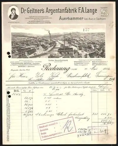 Rechnung Auerhammer bei Aue 1912, F. A. Lange, Dr. Geitner`s Argentanfabrik, Gesamtansicht der Fabrikanlage am Fluss