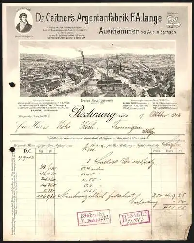 Rechnung Auerhammer bei Aue 1912, F. A. Lange, Dr. Geitner`s Argentanfabrik, Gesamtansicht der Betriebsanlage am Fluss