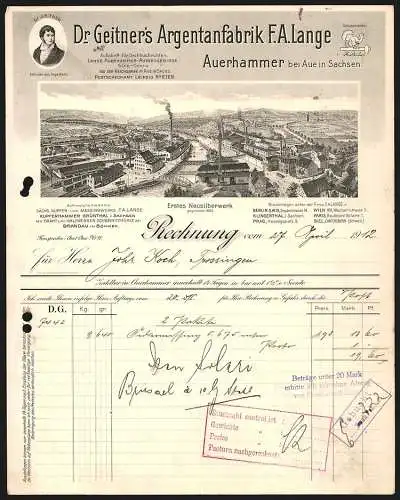 Rechnung Auerhammer bei Aue 1912, F. A. Lange, Dr. Geitner`s Argentanfabrik, Gesamtansicht der Werkanlage am Fluss