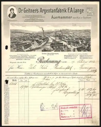 Rechnung Auerhammer bei Aue 1912, F. A. Lange, Dr. Geitner`s Argentanfabrik, Gesamtansicht des Werkgeländes am Fluss