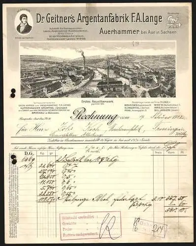 Rechnung Auerhammer bei Aue 1912, F. A. Lange, Dr. Geitner`s Argentanfabrik, Totalansicht der Fabrikanlage am Fluss