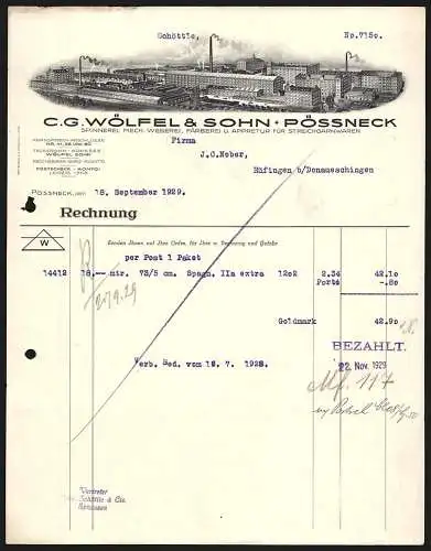 Rechnung Pössneck 1929, C. G. Wölfel & Sohn, Textil-Fabrikation, Panoramablick auf die Fabrikanlage