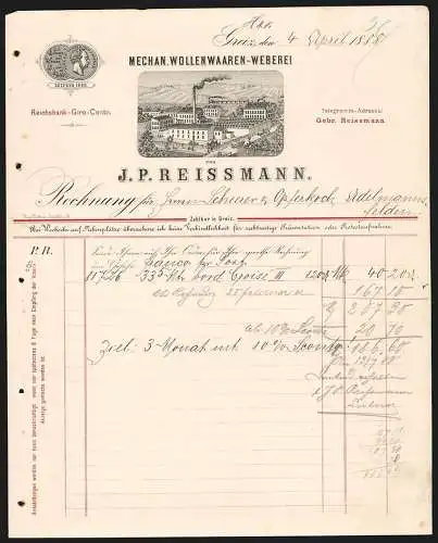 Rechnung Greiz 1888, J. P. Reissmann, Mech. Wollenwaaren-Weberei, Ansicht der Betriebsstelle, Medaille Leipzig 1880
