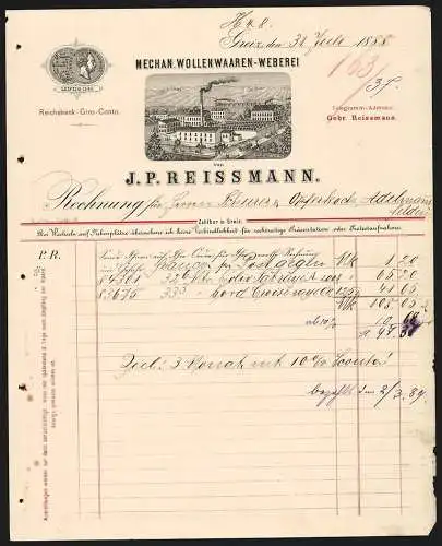 Rechnung Greiz 1888, J. P. Reissmann, Mechan. Wollenwaaren-Weberei, Ansicht der Betriebsstelle, Medaille Leipzig 1880