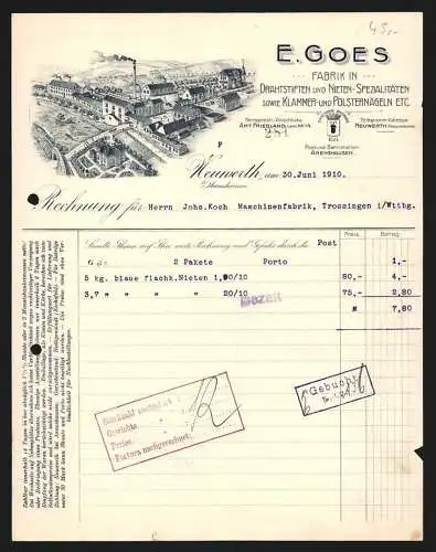 Rechnung Neuwerth 1910, E. Goes, Drahtstiften- und Nieten-Fabrik, Fabrikgelände mit eigener Auffahrt