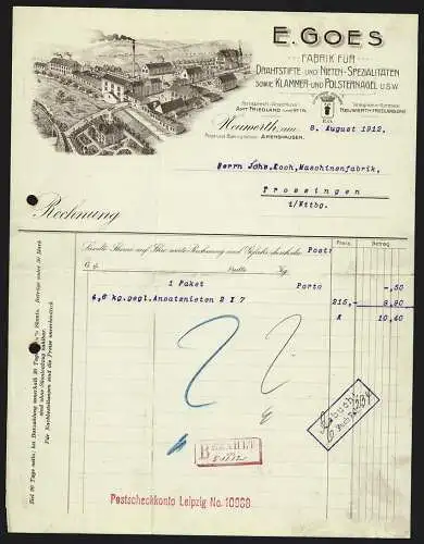 Rechnung Neuwerth 1910, E. Goes, Drahtstiften- und Nieten-Fabrik, Werksgelände mit eigener Auffahrt
