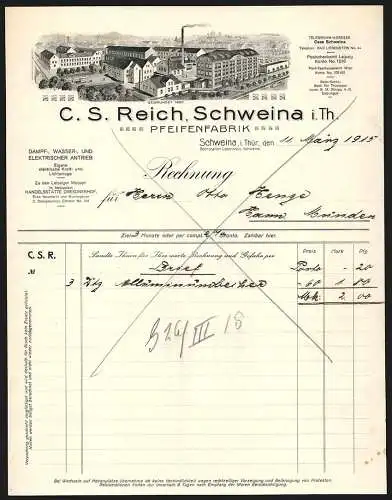 Rechnung Schweina i. Thür. 1915, C. S. Reich, Pfeifenfabrik, Transportkutsche verlässt das Fabrikgelände