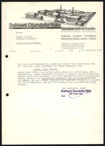 Rechnung Braunfels-Oberndorf 1937, Peter Weil, Drahtwerk Oberndorfer Hütte, Modellansicht der Werksanlage