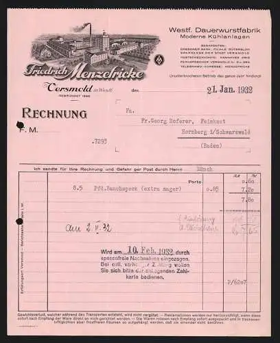 Rechnung Versmold in Westf. 1932, Friedrich Menzefricke, Westf. Dauerwurstfabrik, Betriebsgelände mit Zufahrtsstrassen