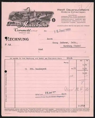 Rechnung Versmold in Westf. 1932, Friedrich Menzefricke, Westf. Dauerwurstfabrik, Werksgelände mit Zufahrtsstrassen