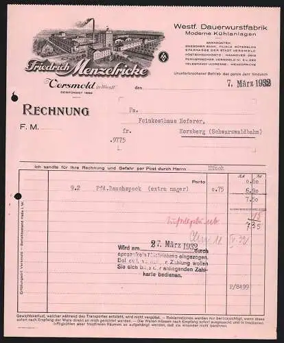 Rechnung Versmold in Westf. 1932, Friedrich Menzefricke, Westf. Dauerwurstfabrik, Fabrikgelände mit Zufahrtsstrassen