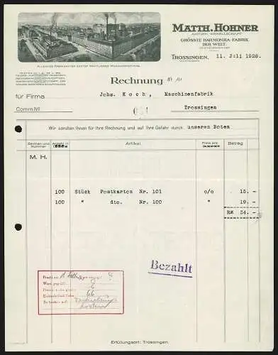 Rechnung Trossingen 1928, Matth. Hohner AG, Harmonika-Fabrik, Das Betriebsgelände aus der Vogelschau