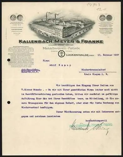 Rechnung Luckenwalde 1927, Kallenbach, Meyer & Franke, Metallwaren-Fabrik, Betriebsgelände mit Innenhof, Preis-Medaillen