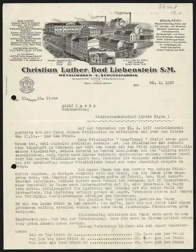 Rechnung Bad Liebenstein /S.-M. 1927, Christian Luther, Metallwaren- & Schlosserfabrik, Ansicht von Fabrik und Stammhaus