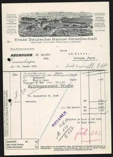 Rechnung Emmendingen 1933, Erste Deutsche Ramie-Gesellschaft, Textil-Fabrikation, Fabrikanlage und Arbeiterkolonie
