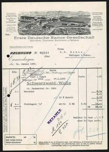 Rechnung Emmendingen 1933, Erste Deutsche Ramie-Gesellschaft, Textil-Fabrikation, Betriebsanlage und Arbeiterkolonie