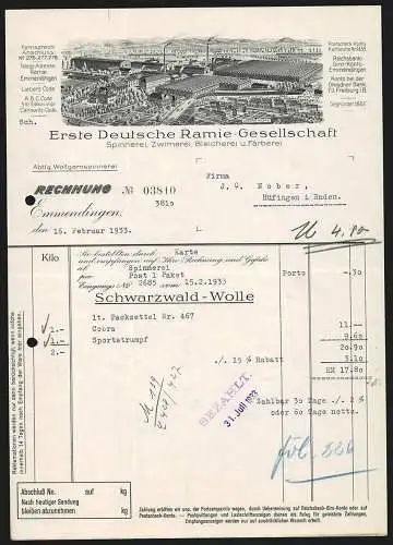 Rechnung Emmendingen 1933, Erste Deutsche Ramie-Gesellschaft, Textil-Fabrikation, Werkgelände und Arbeiterkolonie