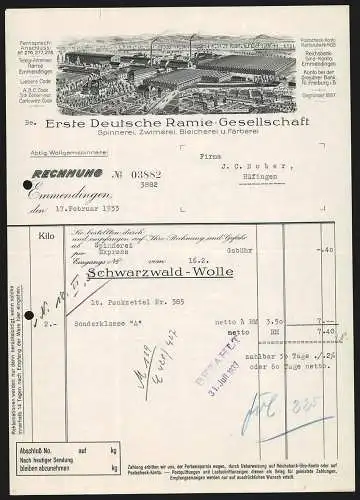 Rechnung Emmendingen 1933, Erste Deutsche Ramie-Gesellschaft, Textil-Fabrikation, Fabrikgelände und Arbeiterkolonie