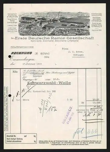 Rechnung Emmendingen 1933, Erste Deutsche Ramie-Gesellschaft, Textil-Fabrikation, Betriebsgelände und Arbeiterkolonie