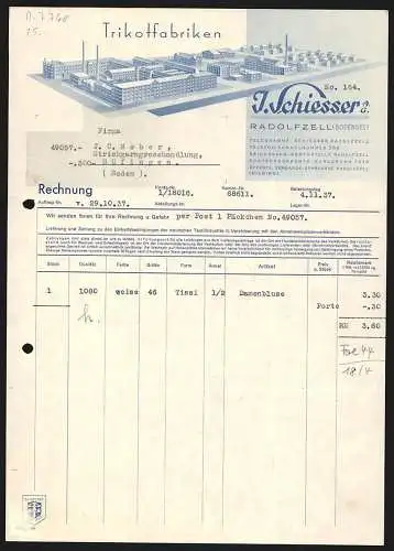 Rechnung Radolfzell /Bodensee 1937, J. Schiesser AG, Trikotfabriken, Modellansicht von Fabrikanlage u. Arbeiterwohnungen