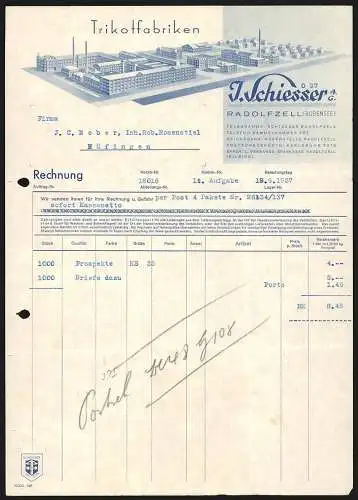 Rechnung Radolfzell /Bodensee 1937, J. Schiesser AG, Trikotfabriken, Modellansicht von Fabrikanlage u. Arbeiterkolonie