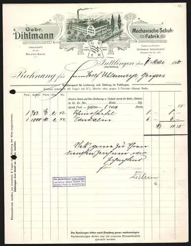 Rechnung Tuttlingen 1910, Gebr. Dihlmann, Mechanische Schuh-Fabrik, Transportkutsche am Betriebsgelände