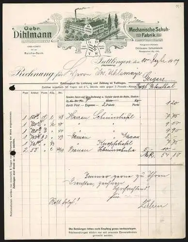 Rechnung Tuttlingen 1909, Gebr. Dihlmann, Mechanische Schuh-Fabrik, Transportkutsche am Betriebsgelände